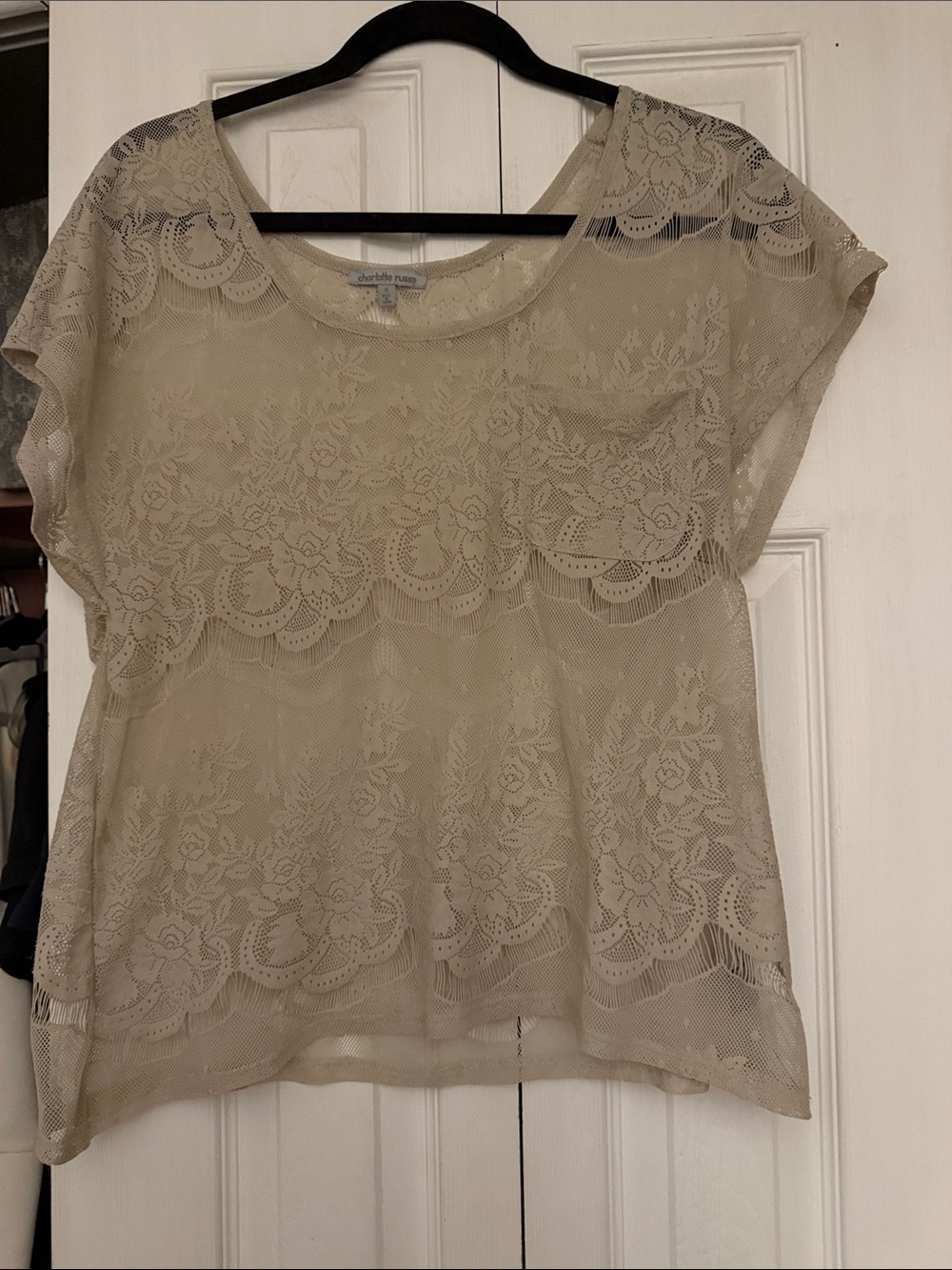 Lace Overlay Pocket Tee - Taupe Women's Top
